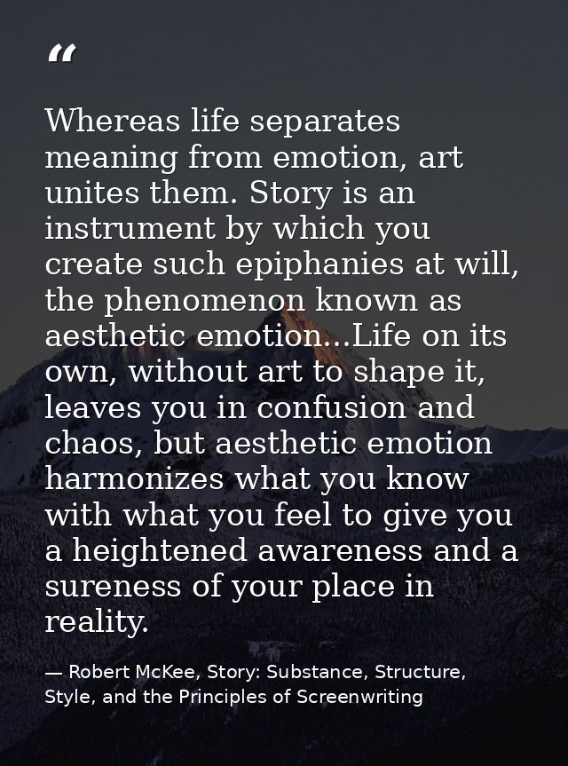 Whereas life separates meaning from emotion, art unites them. Story is an instrument by which you create such epiphanies — Robert McKee, Story: Substance, Structure, Style, and the Principles of Screenwriting
