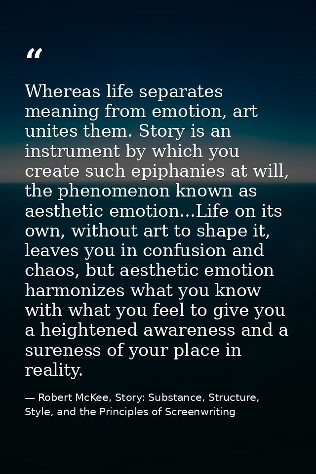 Whereas life separates meaning from emotion, art unites them. Story is an instrument by which you create such epiphanies — Robert McKee, Story: Substance, Structure, Style, and the Principles of Screenwriting