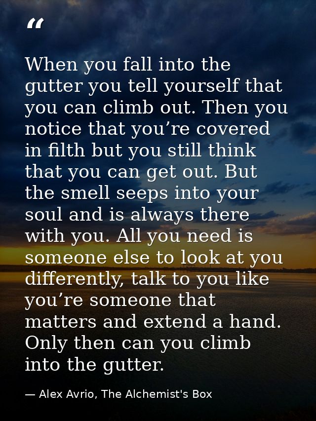 When you fall into the gutter you tell yourself that you can climb out. Then you notice that you’re covered in filth but — Alex Avrio, The Alchemist's Box