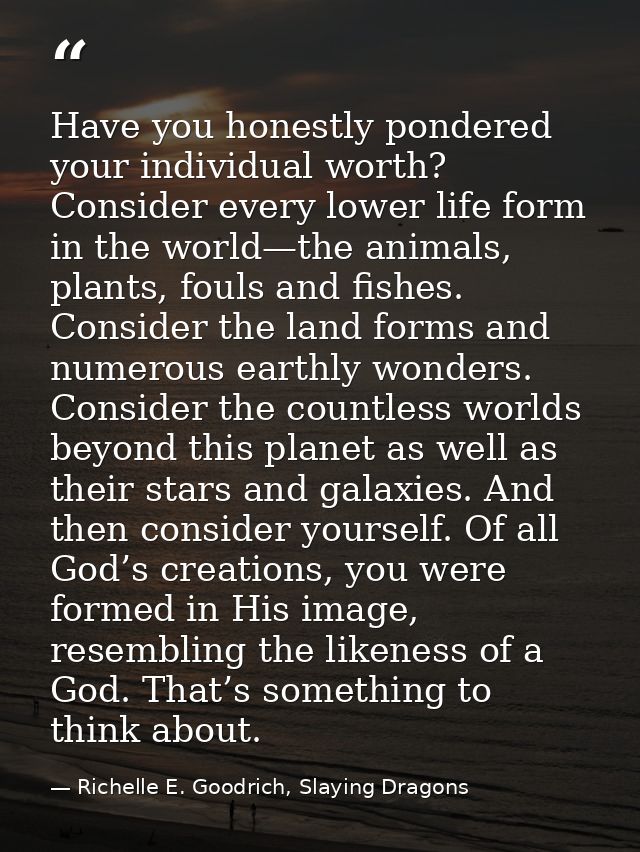 Have you honestly pondered your individual worth? Consider every lower life form in the world—the animals, plants, fouls — Richelle E. Goodrich, Slaying Dragons