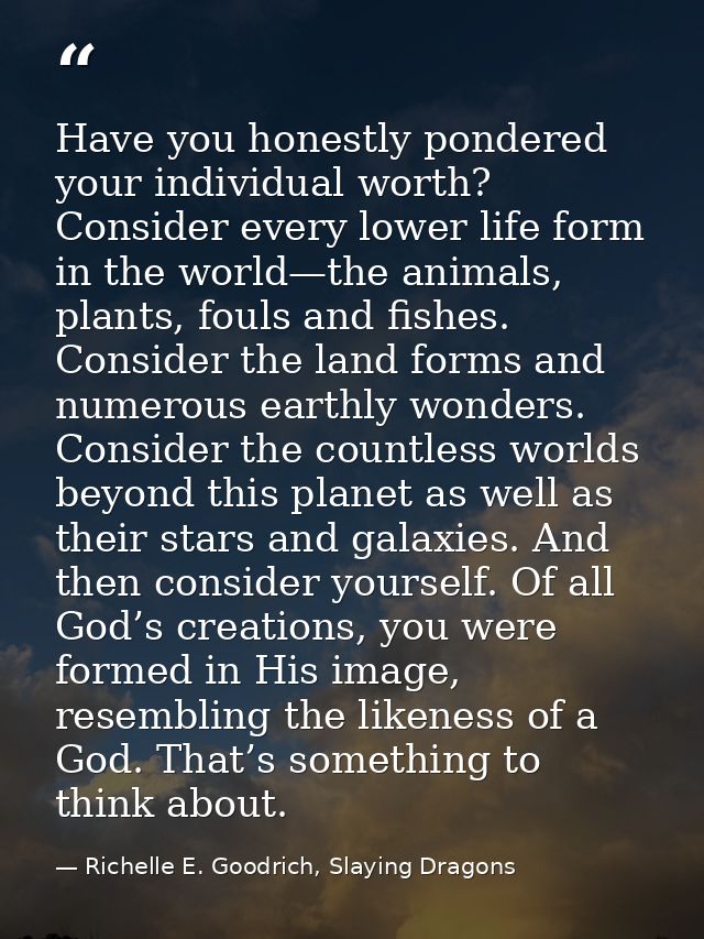 Have you honestly pondered your individual worth? Consider every lower life form in the world—the animals, plants, fouls — Richelle E. Goodrich, Slaying Dragons