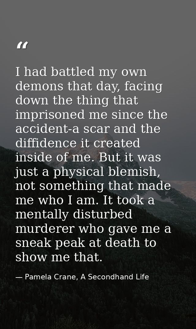 I had battled my own demons that day, facing down the thing that imprisoned me since the accident-a scar and the diffide — Pamela Crane, A Secondhand Life