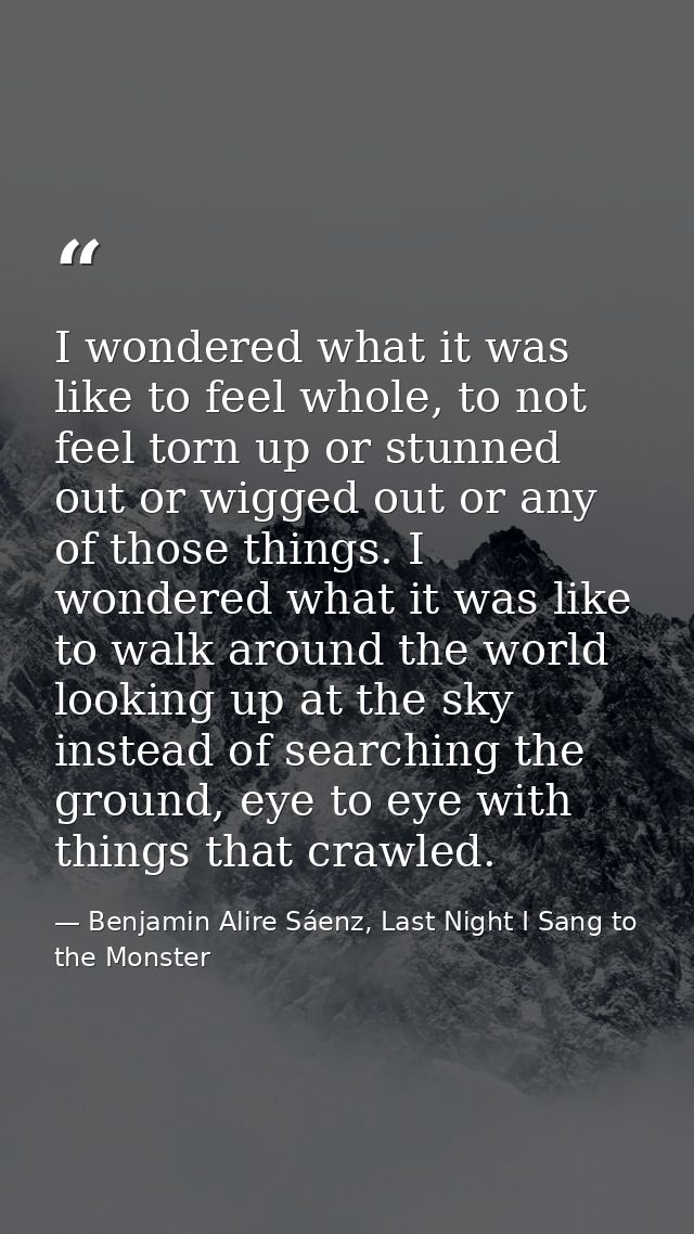 I wondered what it was like to feel whole, to not feel torn up or stunned out or wigged out or any of those things. I wo — Benjamin Alire Sáenz, Last Night I Sang to the Monster