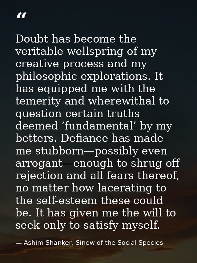 Doubt has become the veritable wellspring of my creative process and my philosophic explorations. It has equipped me wit — Ashim Shanker, Sinew of the Social Species