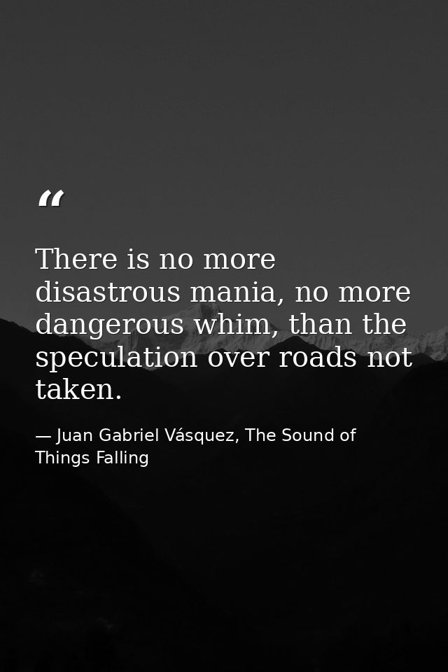 There is no more disastrous mania, no more dangerous whim, than the speculation over roads not taken. — Juan Gabriel Vásquez, The Sound of Things Falling