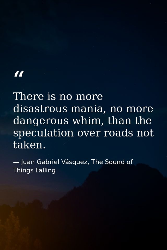 There is no more disastrous mania, no more dangerous whim, than the speculation over roads not taken. — Juan Gabriel Vásquez, The Sound of Things Falling