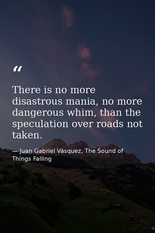 There is no more disastrous mania, no more dangerous whim, than the speculation over roads not taken. — Juan Gabriel Vásquez, The Sound of Things Falling