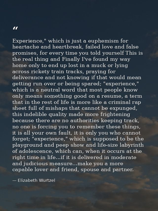Experience," which is just a euphemism for heartache and heartbreak, failed love and false promises, for every time you  — Elizabeth Wurtzel