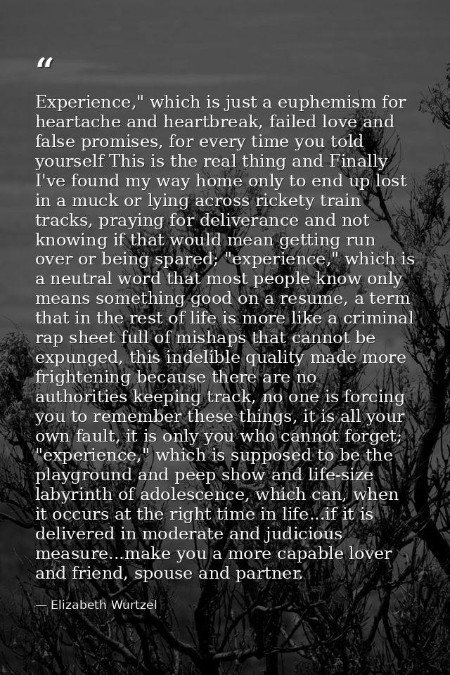 Experience," which is just a euphemism for heartache and heartbreak, failed love and false promises, for every time you  — Elizabeth Wurtzel