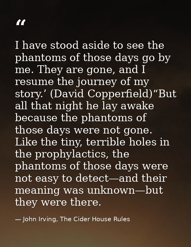 I have stood aside to see the phantoms of those days go by me. They are gone, and I resume the journey of my story.’ (Da — John Irving, The Cider House Rules