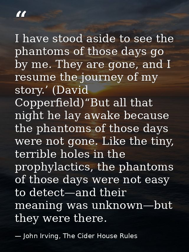 I have stood aside to see the phantoms of those days go by me. They are gone, and I resume the journey of my story.’ (Da — John Irving, The Cider House Rules