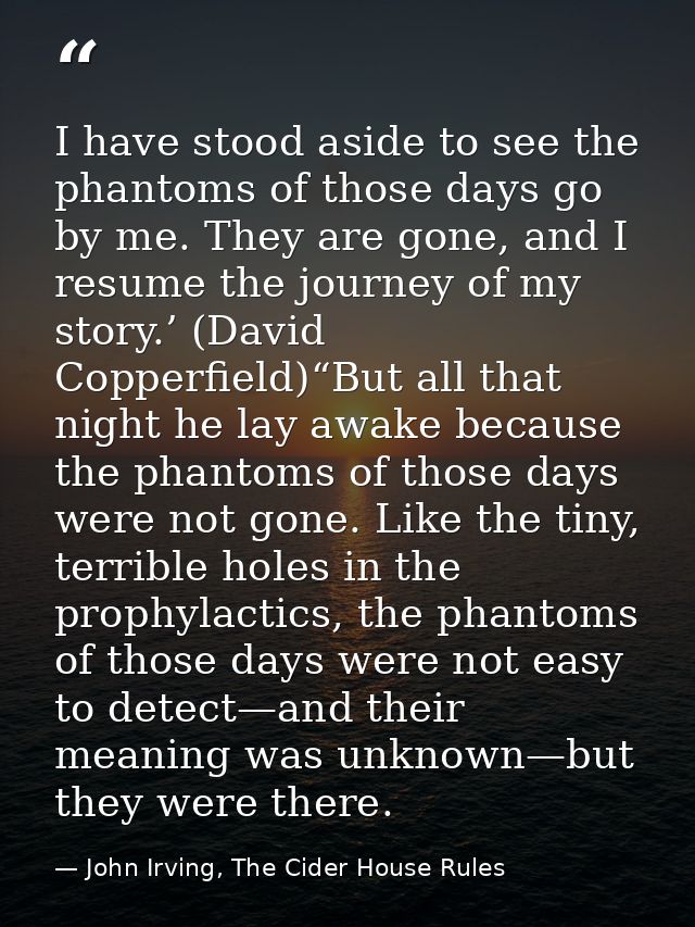 I have stood aside to see the phantoms of those days go by me. They are gone, and I resume the journey of my story.’ (Da — John Irving, The Cider House Rules