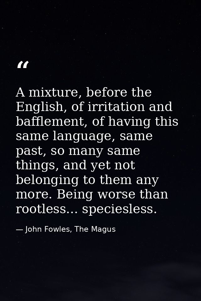 A mixture, before the English, of irritation and bafflement, of having this same language, same past, so many same thing — John Fowles, The Magus