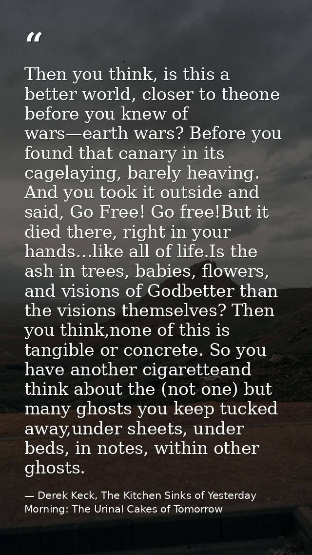 Then you think, is this a better world, closer to theone before you knew of wars—earth wars? Before you found that canar — Derek Keck, The Kitchen Sinks of Yesterday Morning: The Urinal Cakes of Tomorrow