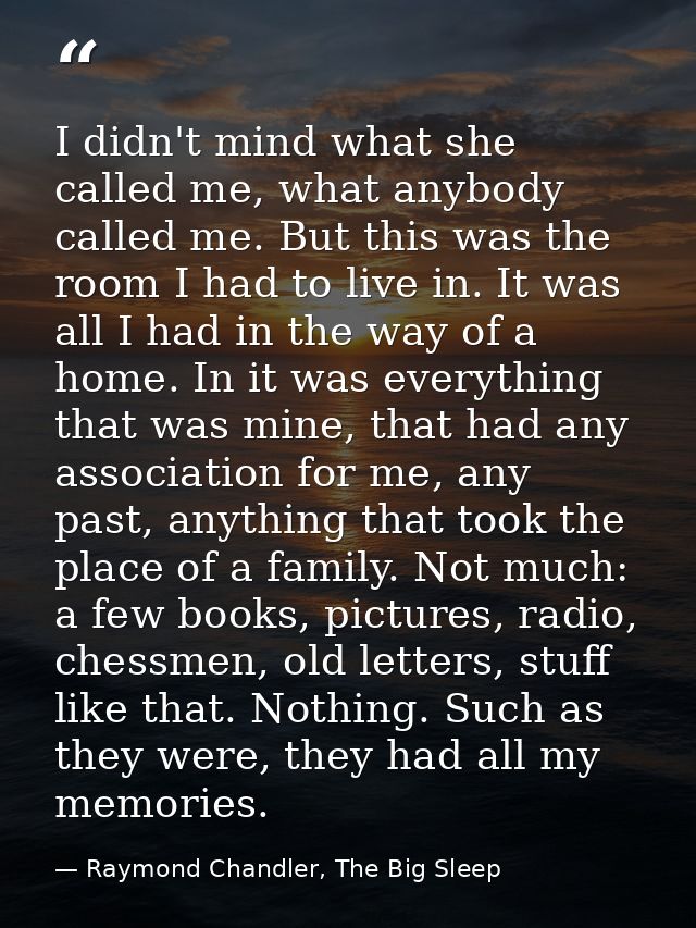 I didn't mind what she called me, what anybody called me. But this was the room I had to live in. It was all I had in th — Raymond Chandler, The Big Sleep
