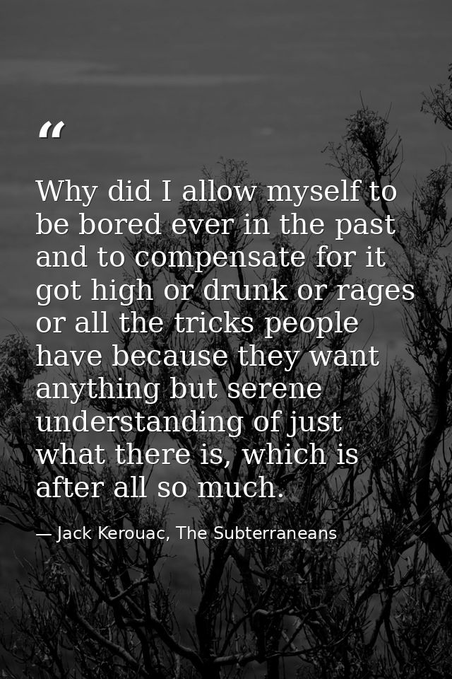 Why did I allow myself to be bored ever in the past and to compensate for it got high or drunk or rages or all the trick — Jack Kerouac, The Subterraneans