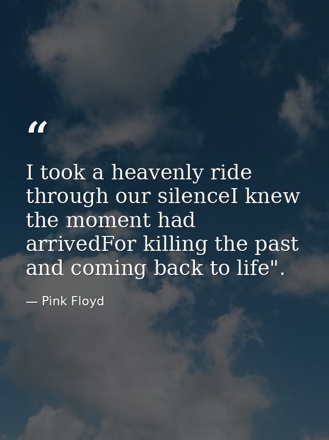 I took a heavenly ride through our silenceI knew the moment had arrivedFor killing the past and coming back to life". — Pink Floyd
