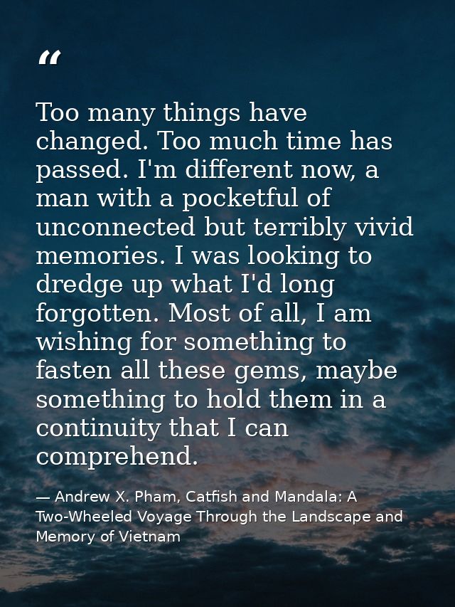 Too many things have changed. Too much time has passed. I'm different now, a man with a pocketful of unconnected but ter — Andrew X. Pham, Catfish and Mandala: A Two-Wheeled Voyage Through the Landscape and Memory of Vietnam