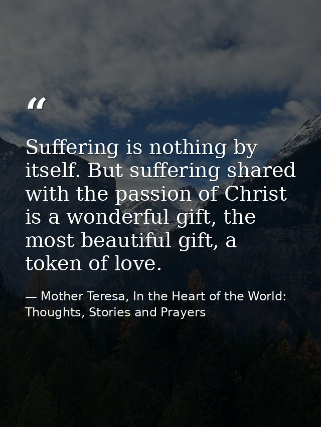 Suffering is nothing by itself. But suffering shared with the passion of Christ is a wonderful gift, the most beautiful  — Mother Teresa, In the Heart of the World: Thoughts, Stories and Prayers