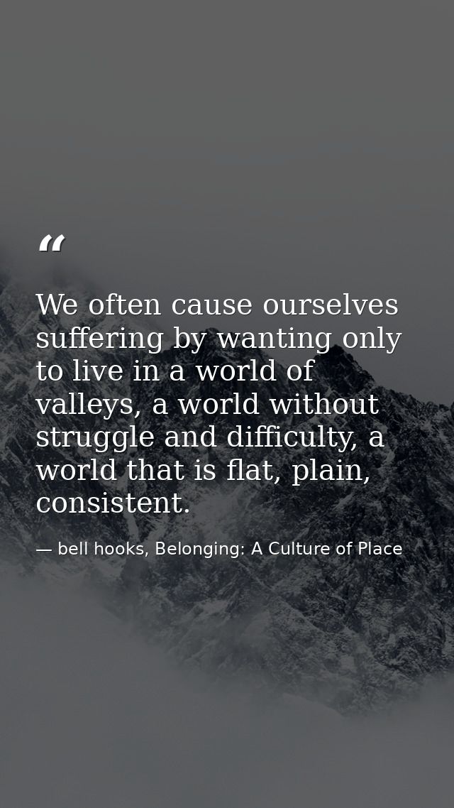We often cause ourselves suffering by wanting only to live in a world of valleys, a world without struggle and difficult — bell hooks, Belonging: A Culture of Place