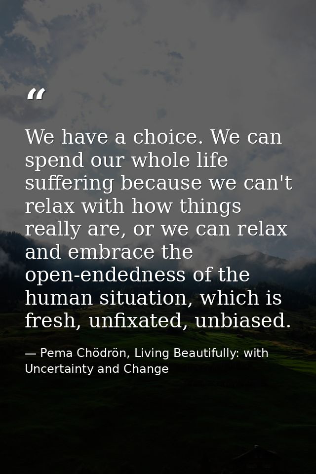 We have a choice. We can spend our whole life suffering because we can't relax with how things really are, or we can rel — Pema Chödrön, Living Beautifully: with Uncertainty and Change