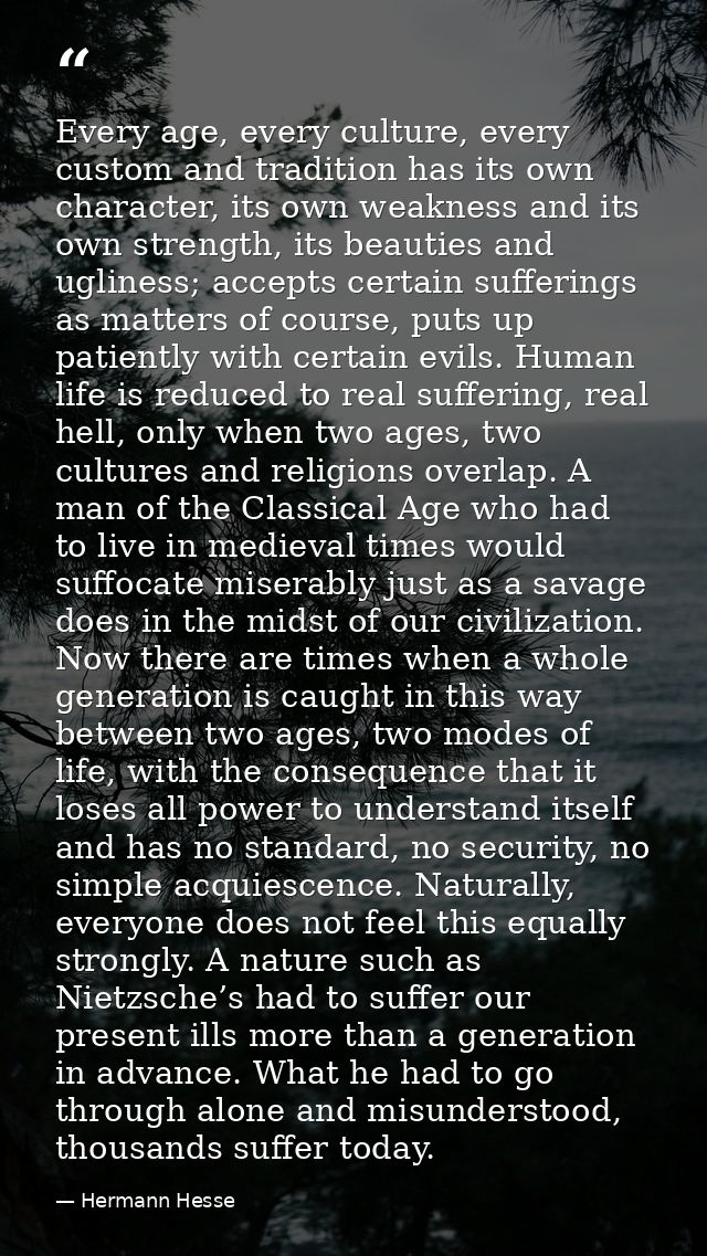 Every age, every culture, every custom and tradition has its own character, its own weakness and its own strength, its b — Hermann Hesse