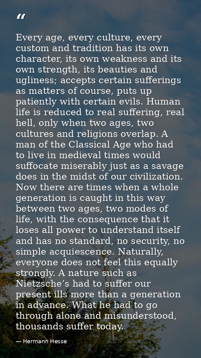 Every age, every culture, every custom and tradition has its own character, its own weakness and its own strength, its b — Hermann Hesse