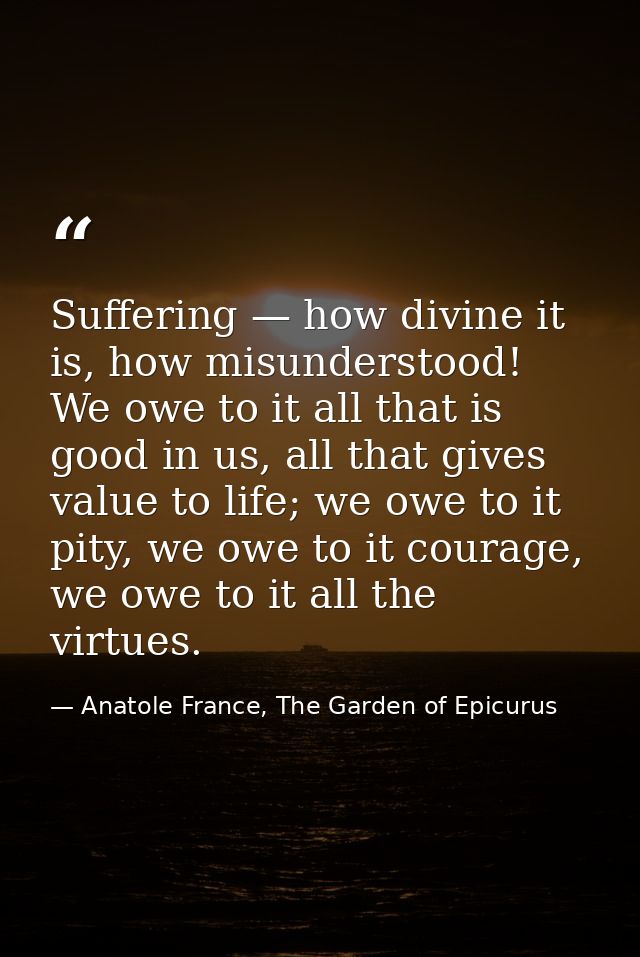 Suffering — how divine it is, how misunderstood! We owe to it all that is good in us, all that gives value to life; we o — Anatole France, The Garden of Epicurus