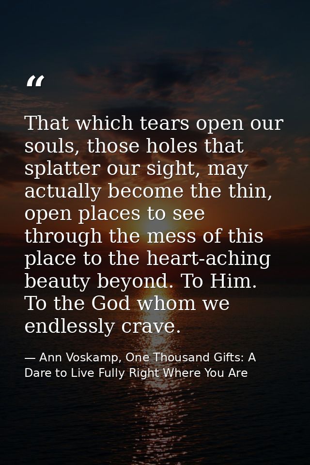 That which tears open our souls, those holes that splatter our sight, may actually become the thin, open places to see t — Ann Voskamp, One Thousand Gifts: A Dare to Live Fully Right Where You Are