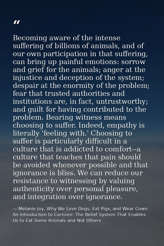 Becoming aware of the intense suffering of billions of animals, and of our own participation in that suffering, can brin — Melanie Joy, Why We Love Dogs, Eat Pigs, and Wear Cows: An Introduction to Carnism: The Belief System That Enables Us to Eat Some Animals and Not Others