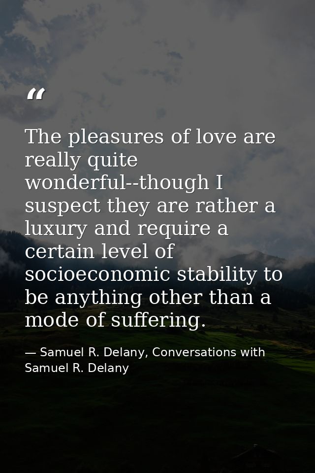 The pleasures of love are really quite wonderful--though I suspect they are rather a luxury and require a certain level  — Samuel R. Delany, Conversations with Samuel R. Delany