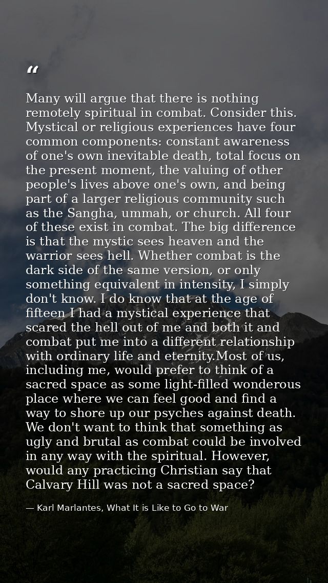 Many will argue that there is nothing remotely spiritual in combat. Consider this. Mystical or religious experiences hav — Karl Marlantes, What It is Like to Go to War