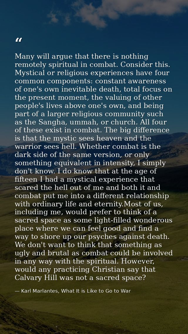Many will argue that there is nothing remotely spiritual in combat. Consider this. Mystical or religious experiences hav — Karl Marlantes, What It is Like to Go to War