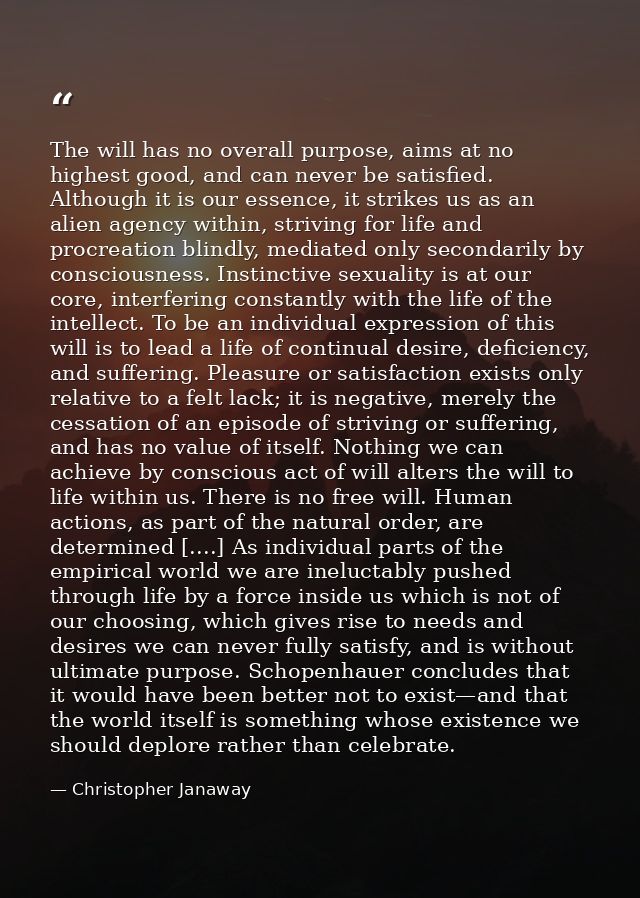 The will has no overall purpose, aims at no highest good, and can never be satisfied. Although it is our essence, it str — Christopher Janaway