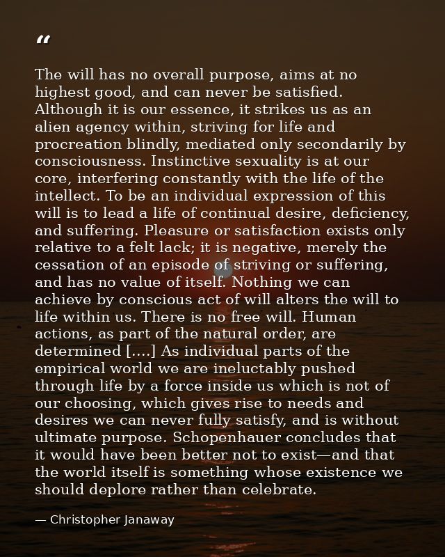 The will has no overall purpose, aims at no highest good, and can never be satisfied. Although it is our essence, it str — Christopher Janaway