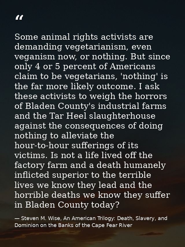 Some animal rights activists are demanding vegetarianism, even veganism now, or nothing. But since only 4 or 5 percent o — Steven M. Wise, An American Trilogy: Death, Slavery, and Dominion on the Banks of the Cape Fear River