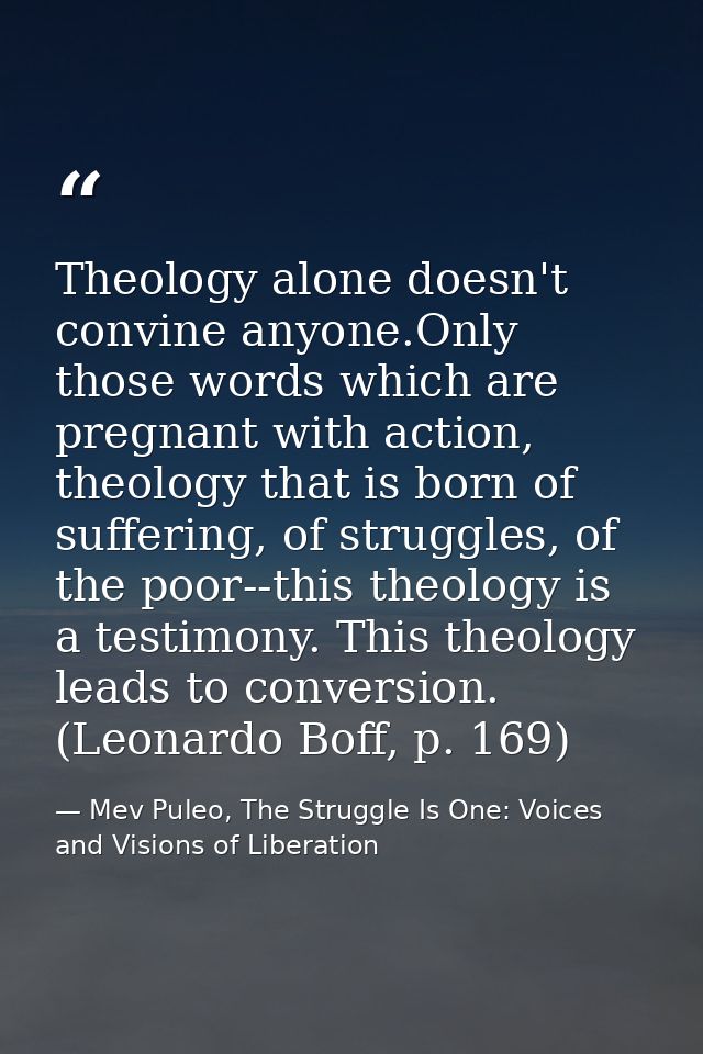 Theology alone doesn't convine anyone.Only those words which are pregnant with action, theology that is born of sufferin — Mev Puleo, The Struggle Is One: Voices and Visions of Liberation
