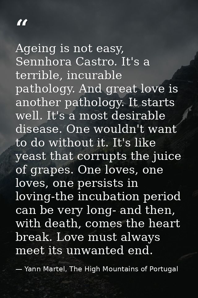 Ageing is not easy, Sennhora Castro. It's a terrible, incurable pathology. And great love is another pathology. It start — Yann Martel, The High Mountains of Portugal