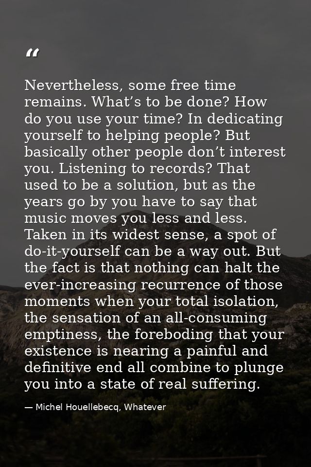 Nevertheless, some free time remains. What’s to be done? How do you use your time? In dedicating yourself to helping peo — Michel Houellebecq, Whatever