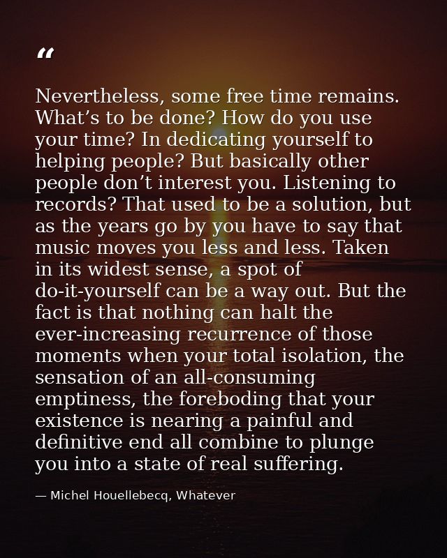 Nevertheless, some free time remains. What’s to be done? How do you use your time? In dedicating yourself to helping peo — Michel Houellebecq, Whatever