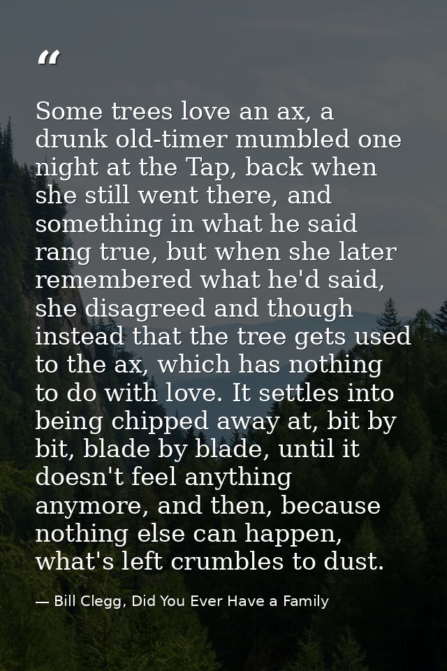 Some trees love an ax, a drunk old-timer mumbled one night at the Tap, back when she still went there, and something in  — Bill Clegg, Did You Ever Have a Family
