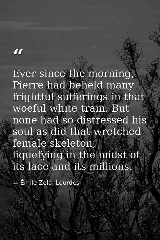 Ever since the morning, Pierre had beheld many frightful sufferings in that woeful white train. But none had so distress — Émile Zola, Lourdes