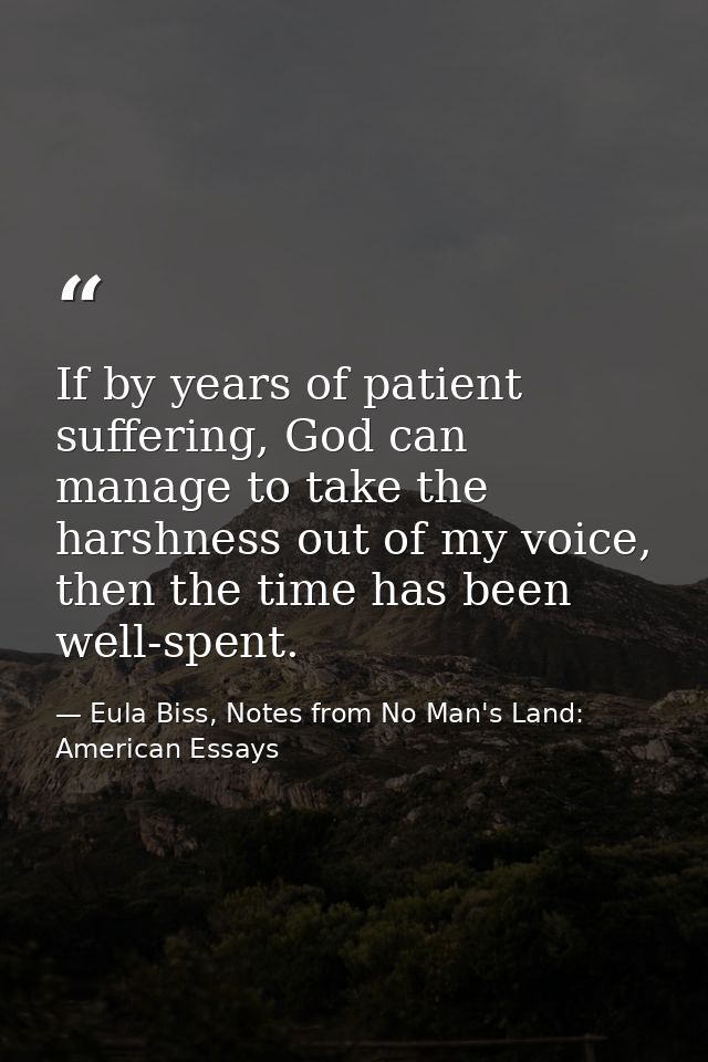 If by years of patient suffering, God can manage to take the harshness out of my voice, then the time has been well-spen — Eula Biss, Notes from No Man's Land: American Essays