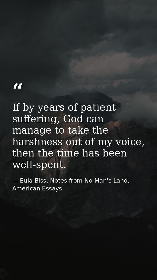 If by years of patient suffering, God can manage to take the harshness out of my voice, then the time has been well-spen — Eula Biss, Notes from No Man's Land: American Essays