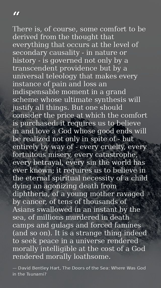 There is, of course, some comfort to be derived from the thought that everything that occurs at the level of secondary c — David Bentley Hart, The Doors of the Sea: Where Was God in the Tsunami?