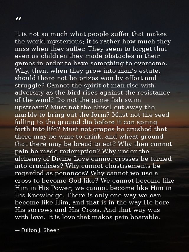 It is not so much what people suffer that makes the world mysterious; it is rather how much they miss when they suffer.  — Fulton J. Sheen