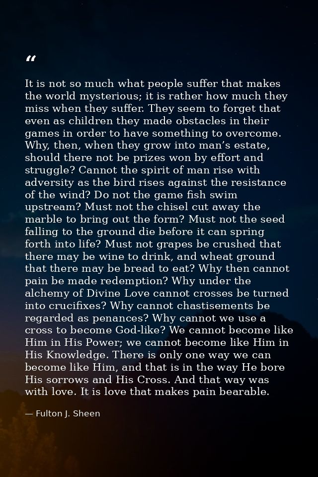 It is not so much what people suffer that makes the world mysterious; it is rather how much they miss when they suffer.  — Fulton J. Sheen