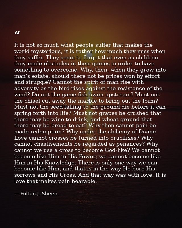 It is not so much what people suffer that makes the world mysterious; it is rather how much they miss when they suffer.  — Fulton J. Sheen