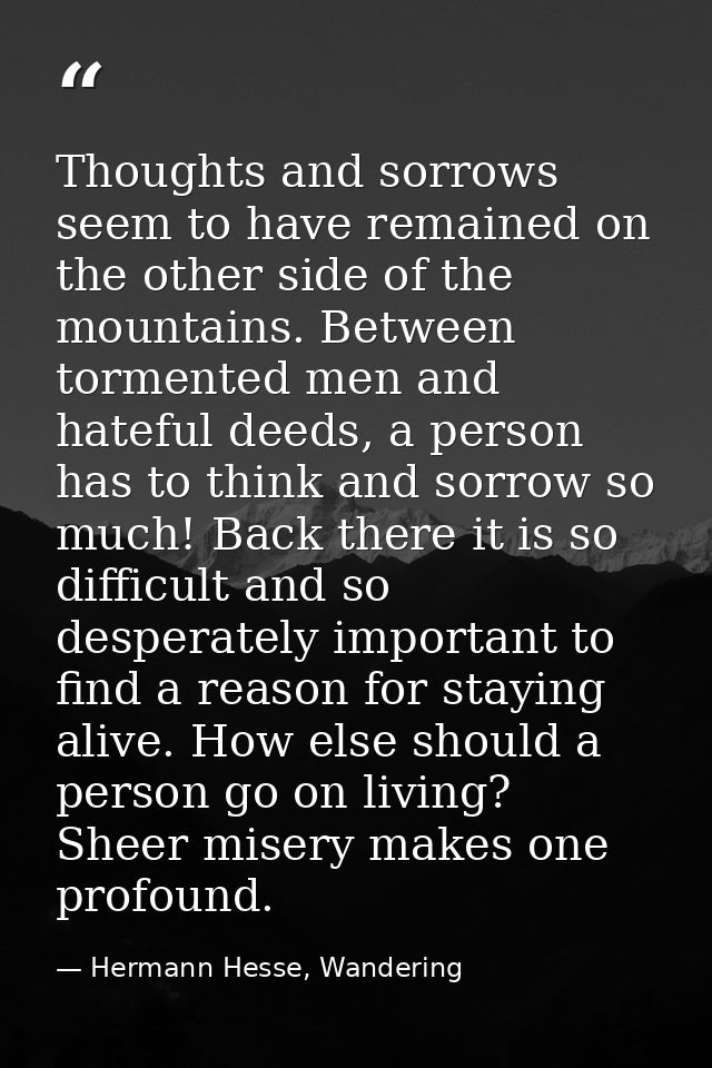 Thoughts and sorrows seem to have remained on the other side of the mountains. Between tormented men and hateful deeds,  — Hermann Hesse, Wandering
