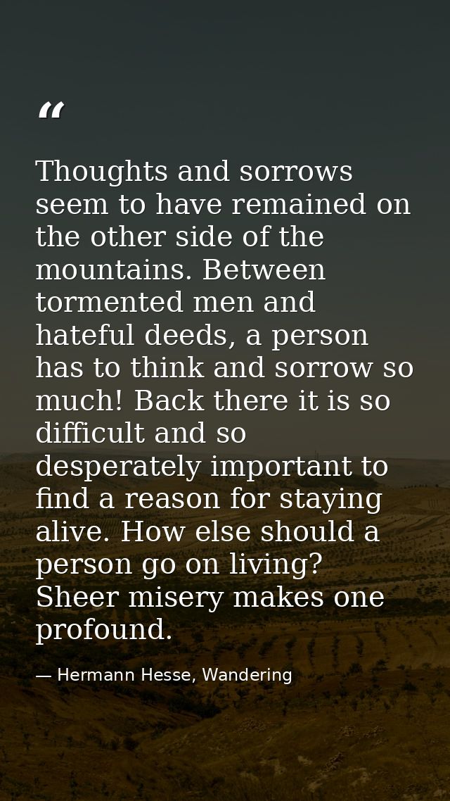 Thoughts and sorrows seem to have remained on the other side of the mountains. Between tormented men and hateful deeds,  — Hermann Hesse, Wandering